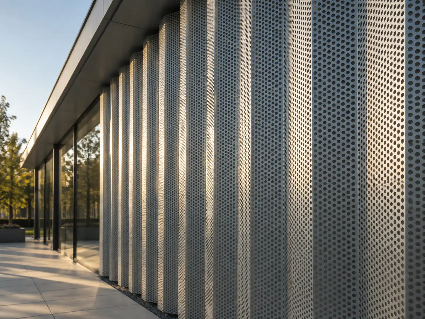 3D Appearance Corrugated Perforated Metal Corrugated perforated metal facade creating depth, shadow and a strong three-dimensional architectural effect