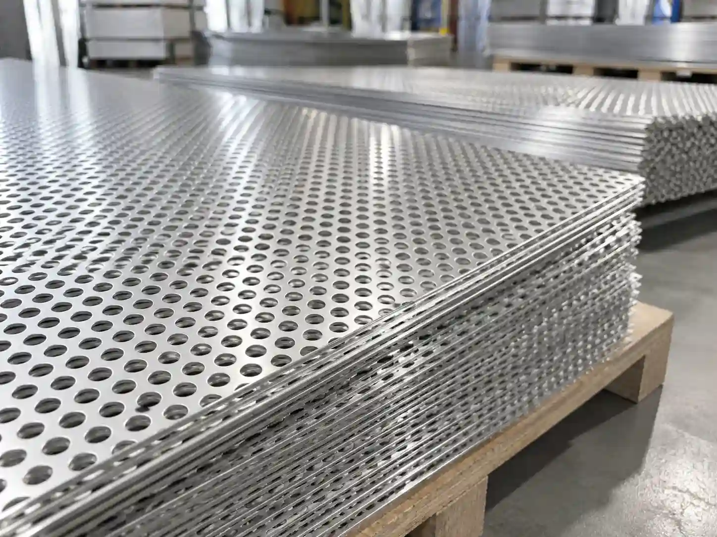 Aluminum perforated metal sheets stacked on a pallet in a metal fabrication workshop