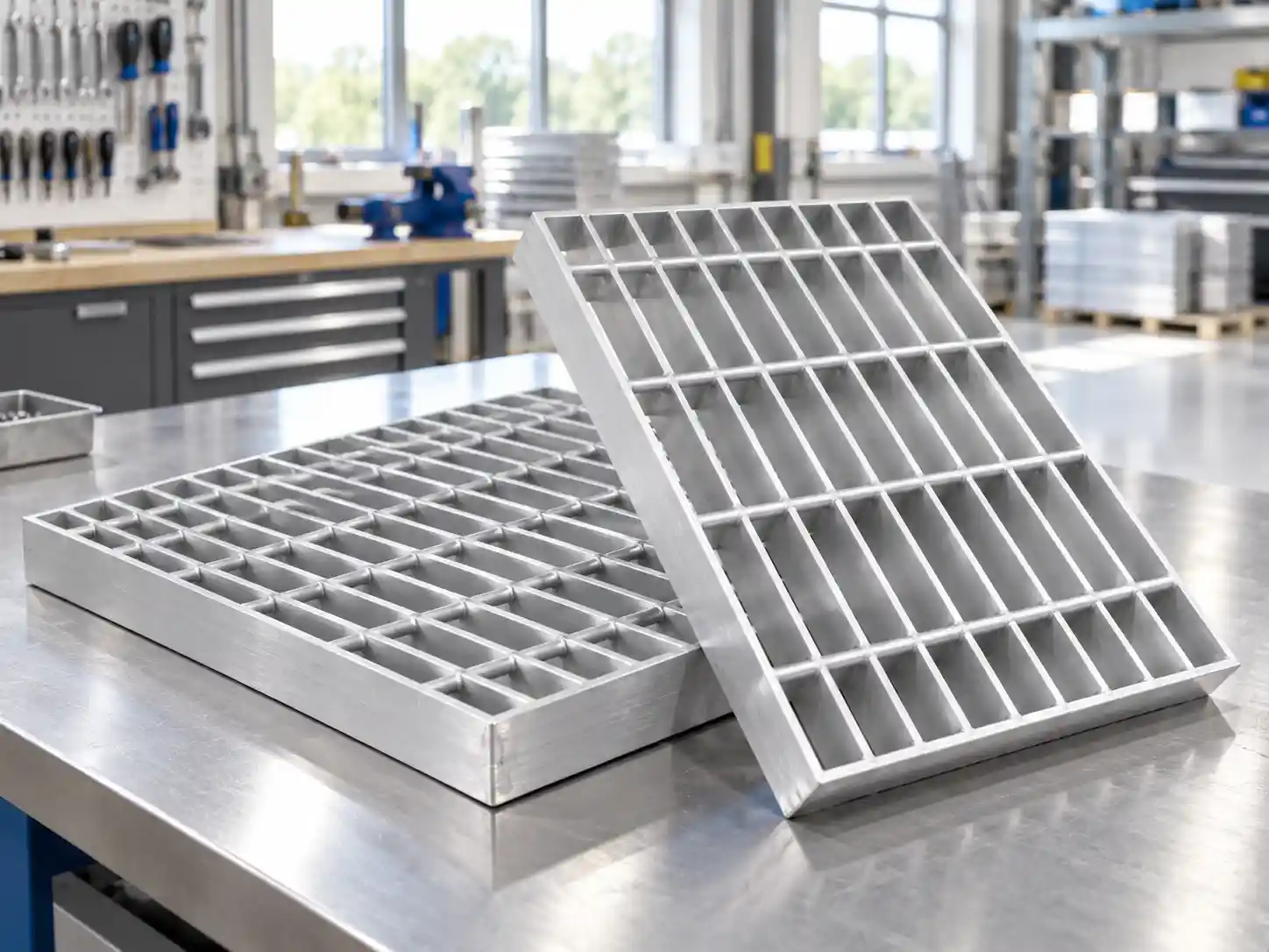 Lightweight aluminum swage-locked bar grating panels with corrosion-resistant construction displayed on a fabrication workbench