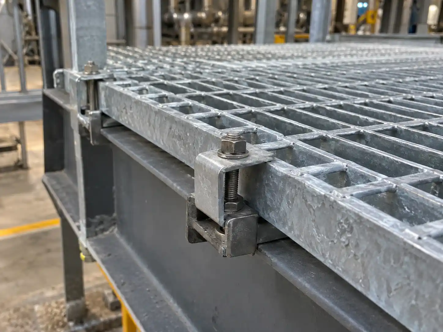 Bar Grating Clamps Mechanical grating clamp securing a removable galvanized bar grating panel to a supporting steel beam
