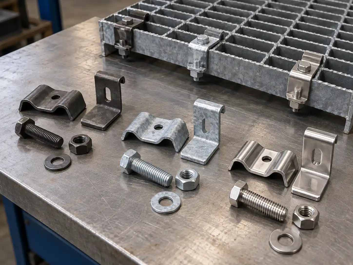 Bar Grating Clip Materials & Finishes Galvanized steel, stainless steel and other bar grating fasteners displayed with bolts, nuts and washers for industrial grating installation