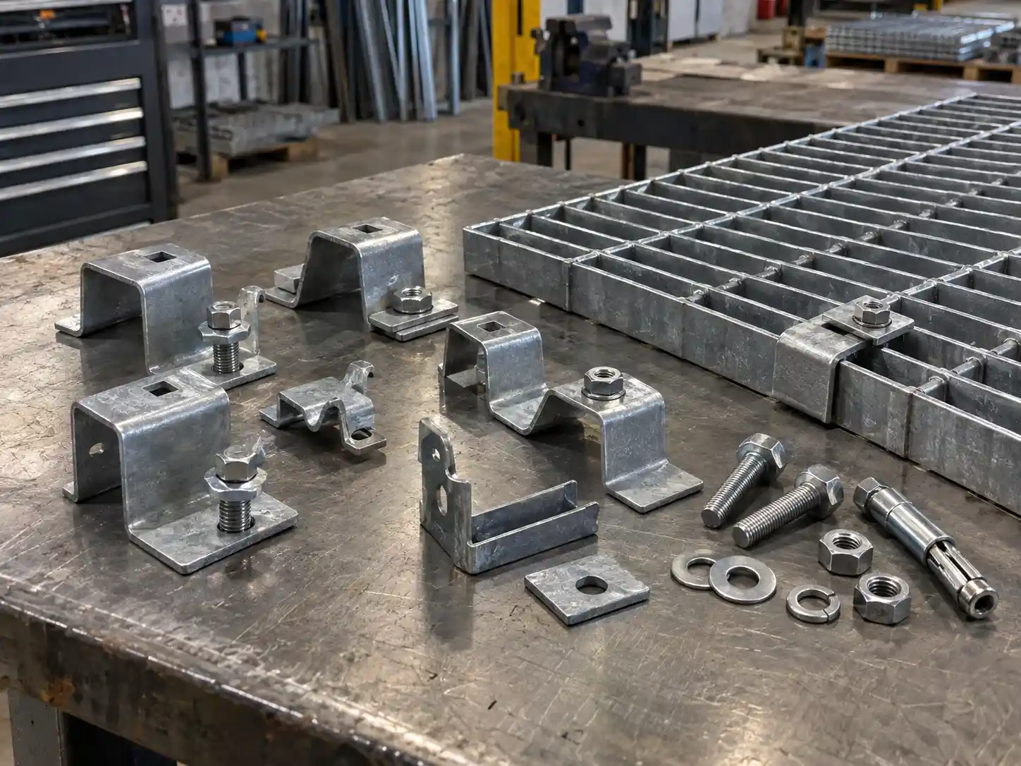 Bar Grating Clips and Fasteners Galvanized bar grating clips, saddle clips, bolts, nuts and mounting fasteners displayed beside a steel grating panel