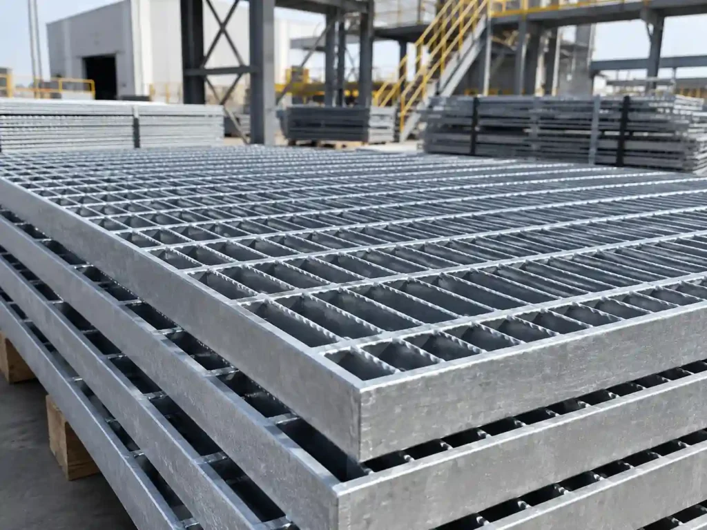 Galvanized bar grating panels stacked in an outdoor industrial storage area