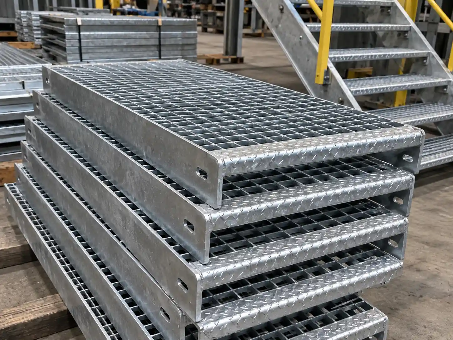 Bar Grating Stair Treads Galvanized steel bar grating stair treads with reinforced side plates and slip-resistant nosing stacked in a workshop