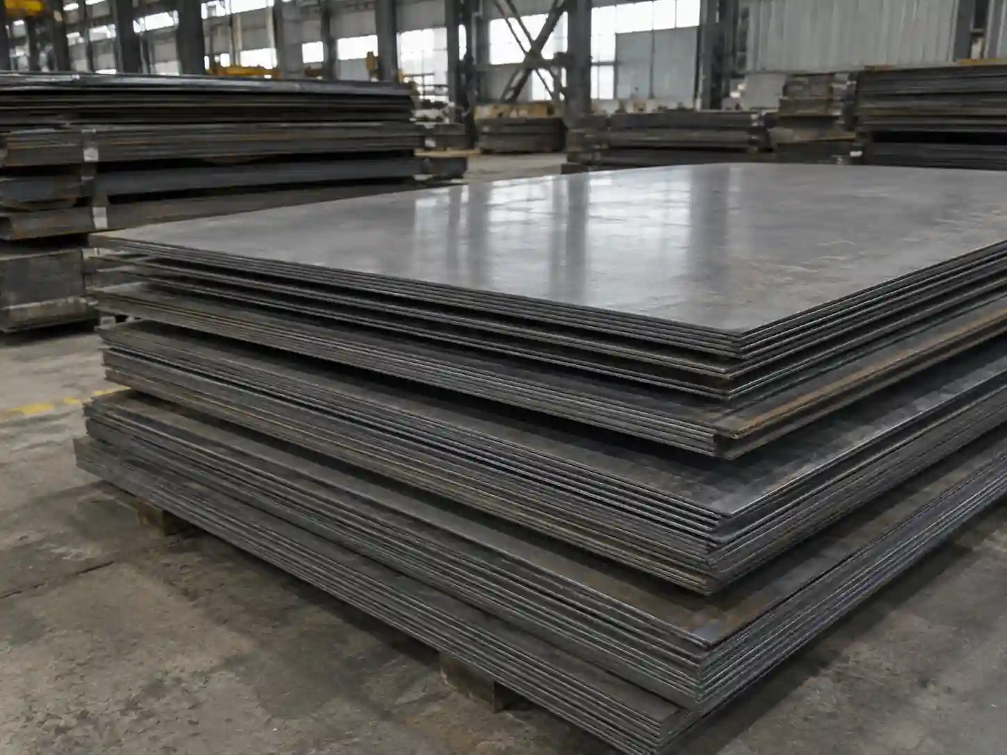 Carbon steel sheets stacked in an industrial warehouse for fabrication and metal mesh production