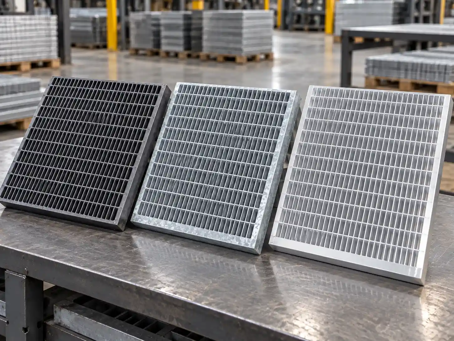 Close-Mesh Bar Grating Materials Carbon steel, galvanized steel and aluminum close-mesh grating panels displayed together in an industrial workshop