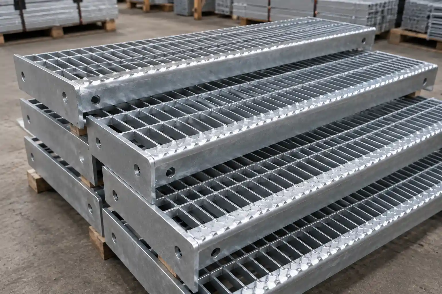 Close-mesh bar grating stair treads with reduced openings for a more compact and pedestrian-friendly walking surface