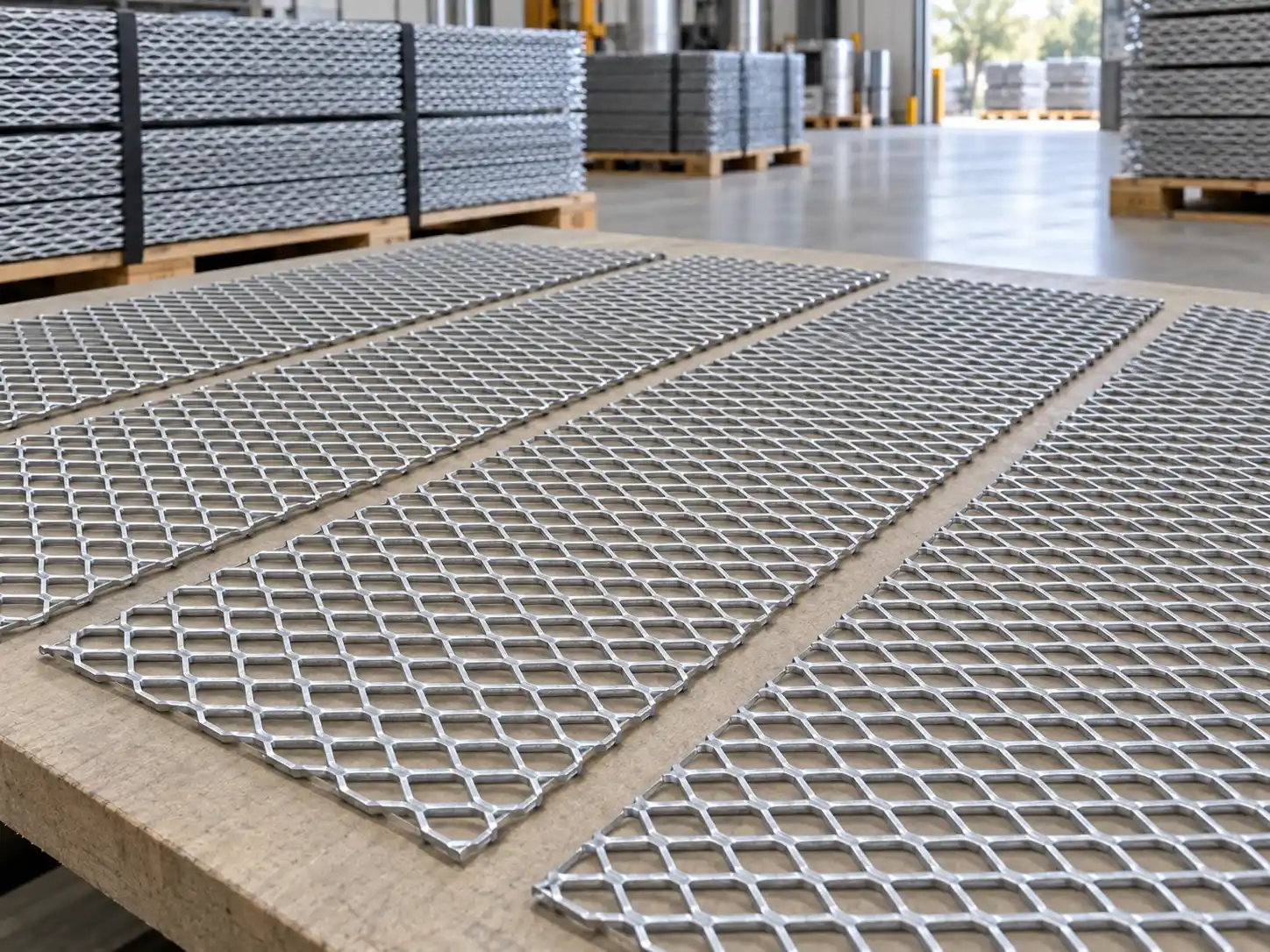 Expanded metal lath sheets with uniform mesh openings and consistent strand formation in a factory inspection area