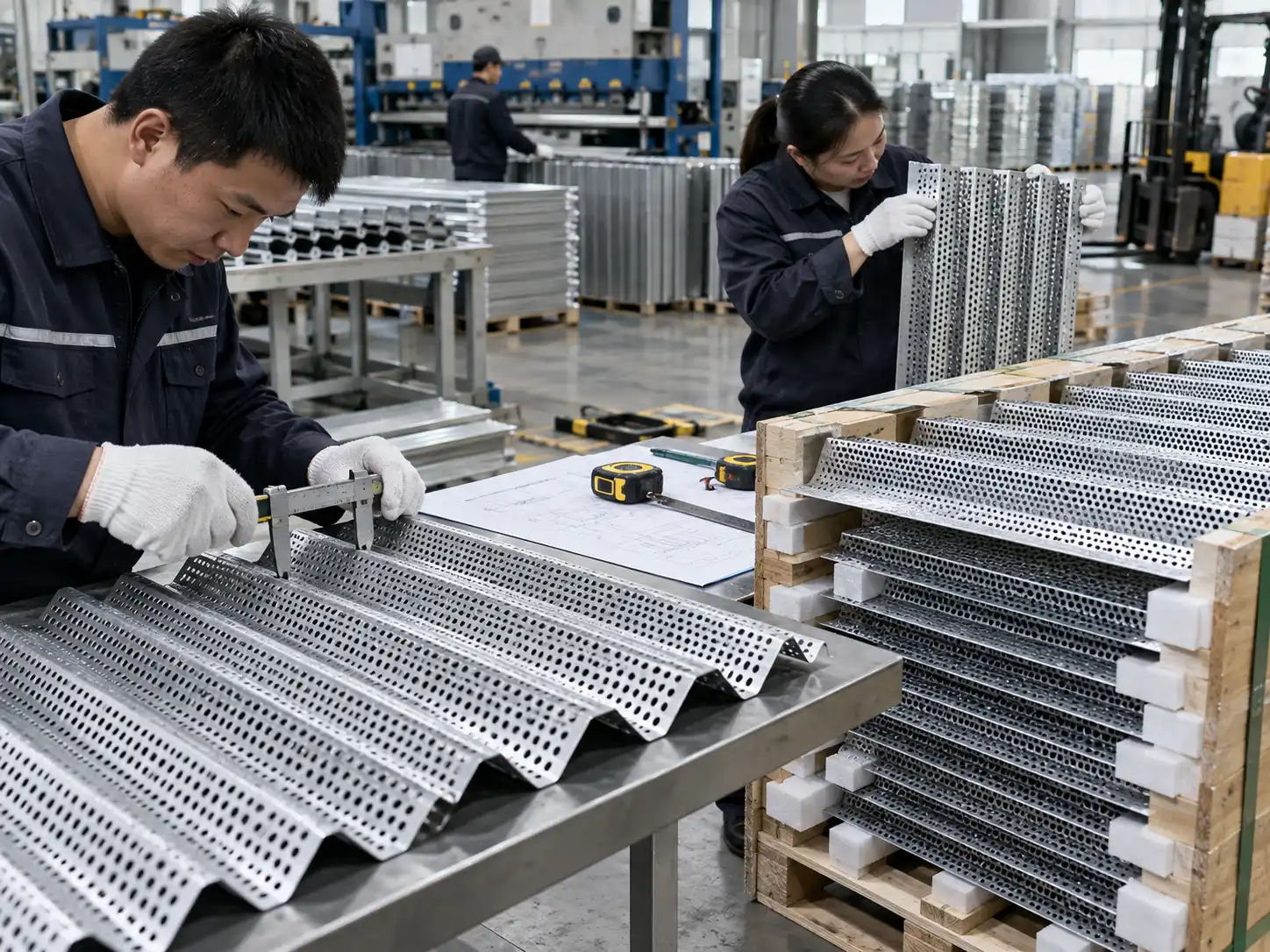 Corrugated Perforated Metal Quality Inspection Corrugated perforated metal panels being checked for profile dimensions, perforation consistency and surface quality before packing
