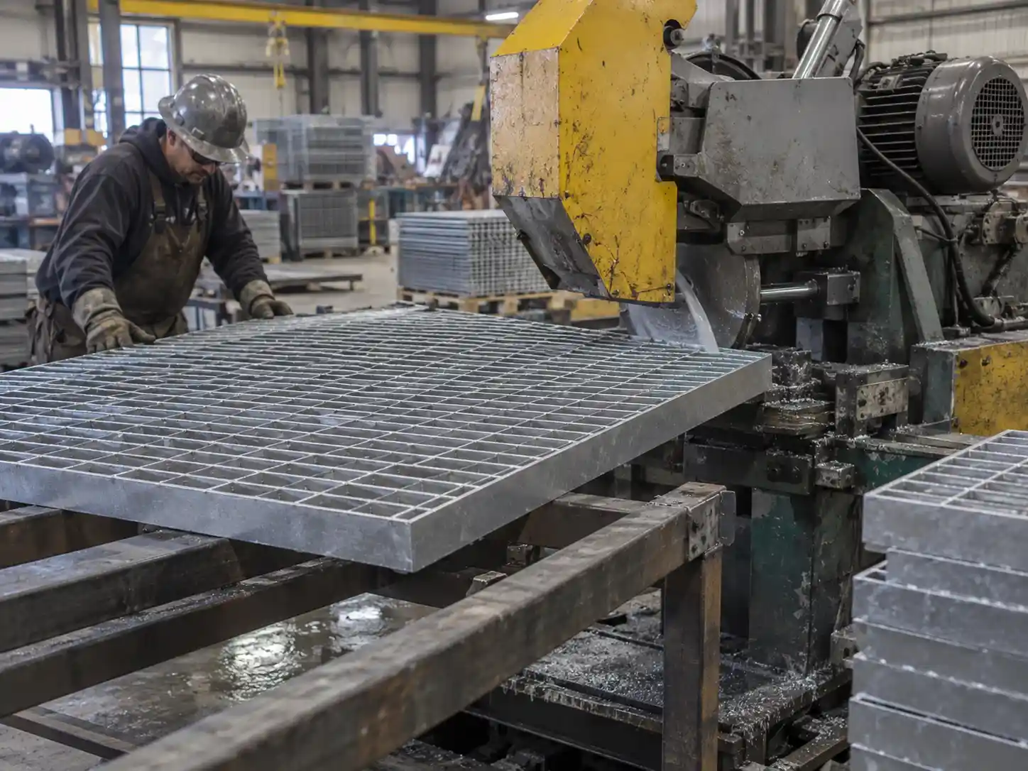 Custom Bar Grating Cutting and Fabrication Custom bar grating panel being cut to finished dimensions in an industrial metal fabrication workshop
