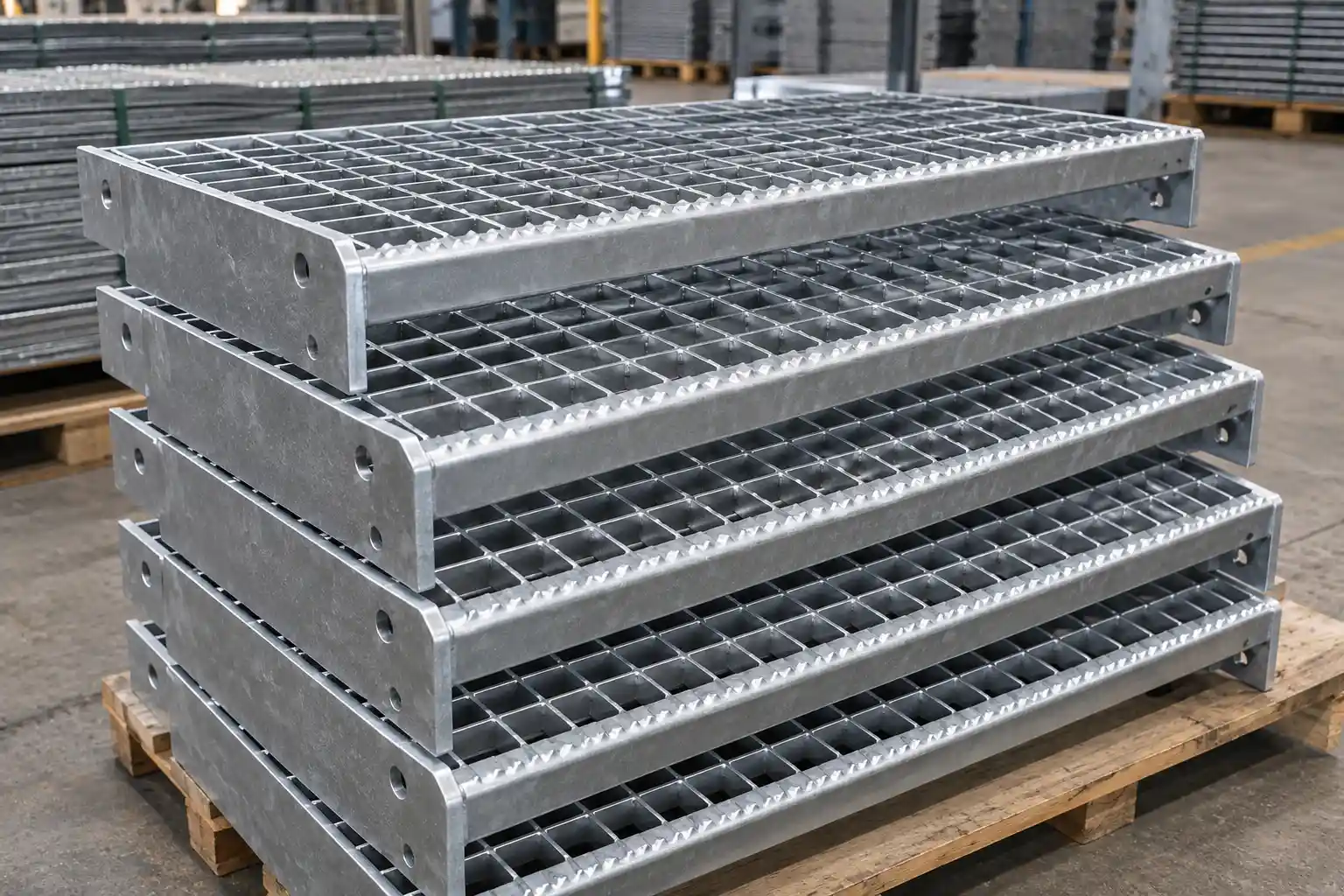 Custom bar grating stair treads fabricated to specified width, depth, nosing, end plates and mounting-hole requirements