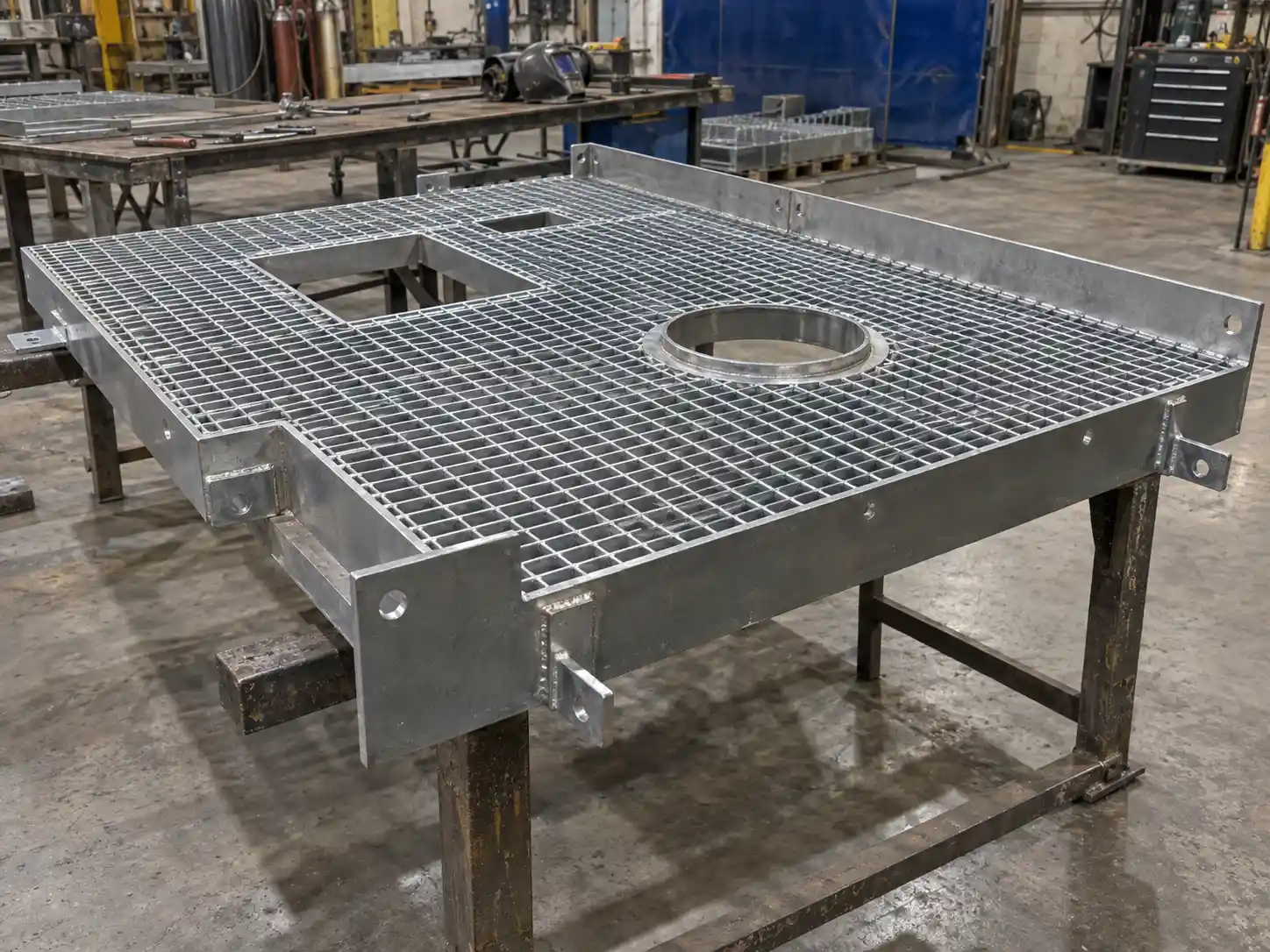 Custom Bar Grating with Cutouts and Toe Plates Custom fabricated bar grating platform with circular and rectangular cutouts, toe plates and mounting brackets prepared in a workshop