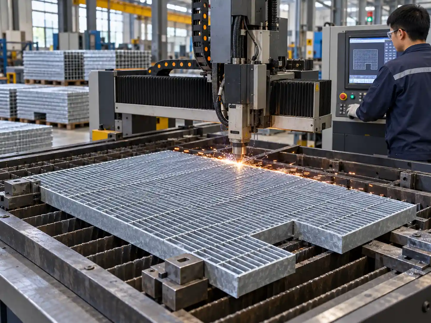 Custom Close-Mesh Bar Grating Fabrication CNC machine cutting custom close-mesh bar grating panels in a modern Chinese metal fabrication workshop