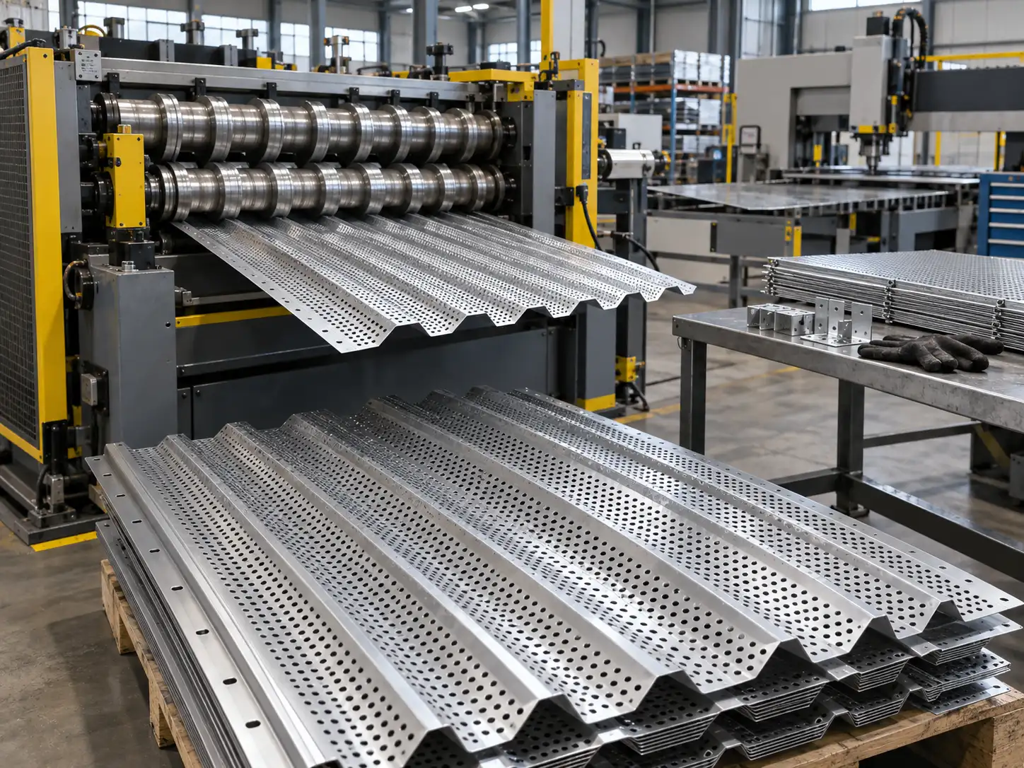 Custom Corrugated Perforated Metal Fabrication Corrugated perforated metal panels being formed by industrial machinery in a metal fabrication workshop
