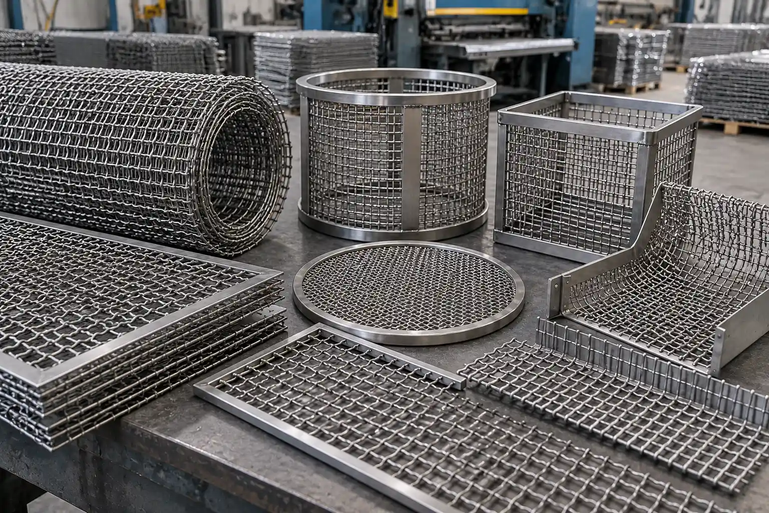 Custom Crimped Wire Mesh Fabrication Custom crimped wire mesh panels, rolls, framed screens, baskets and formed components fabricated to project specifications in an industrial workshop