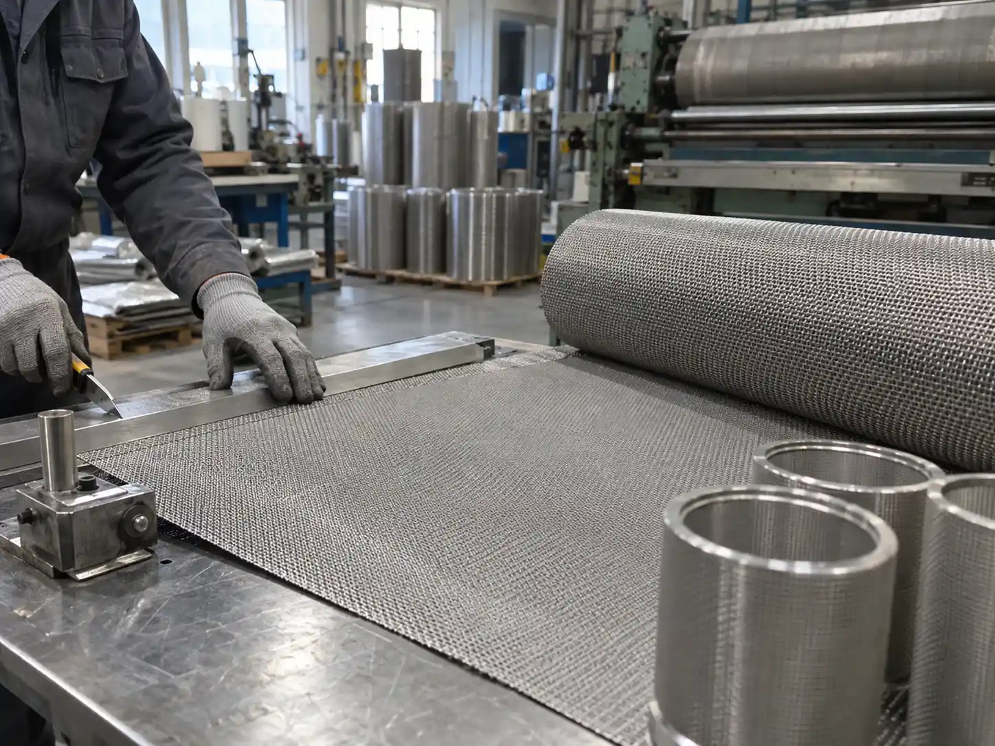 Custom Dutch weave wire mesh being cut and prepared into rolls and filtration components in an industrial workshop