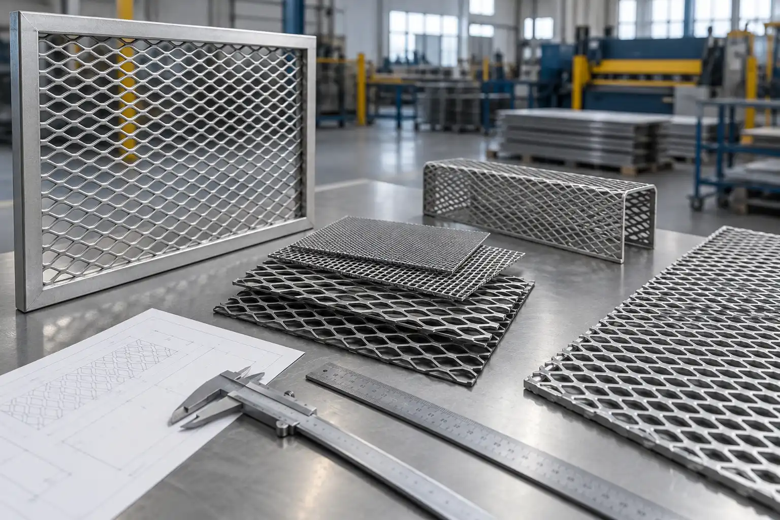 Custom Expanded Metal Mesh Fabrication Expanded metal mesh samples, fabricated parts, drawing and measuring tools on a workshop table
