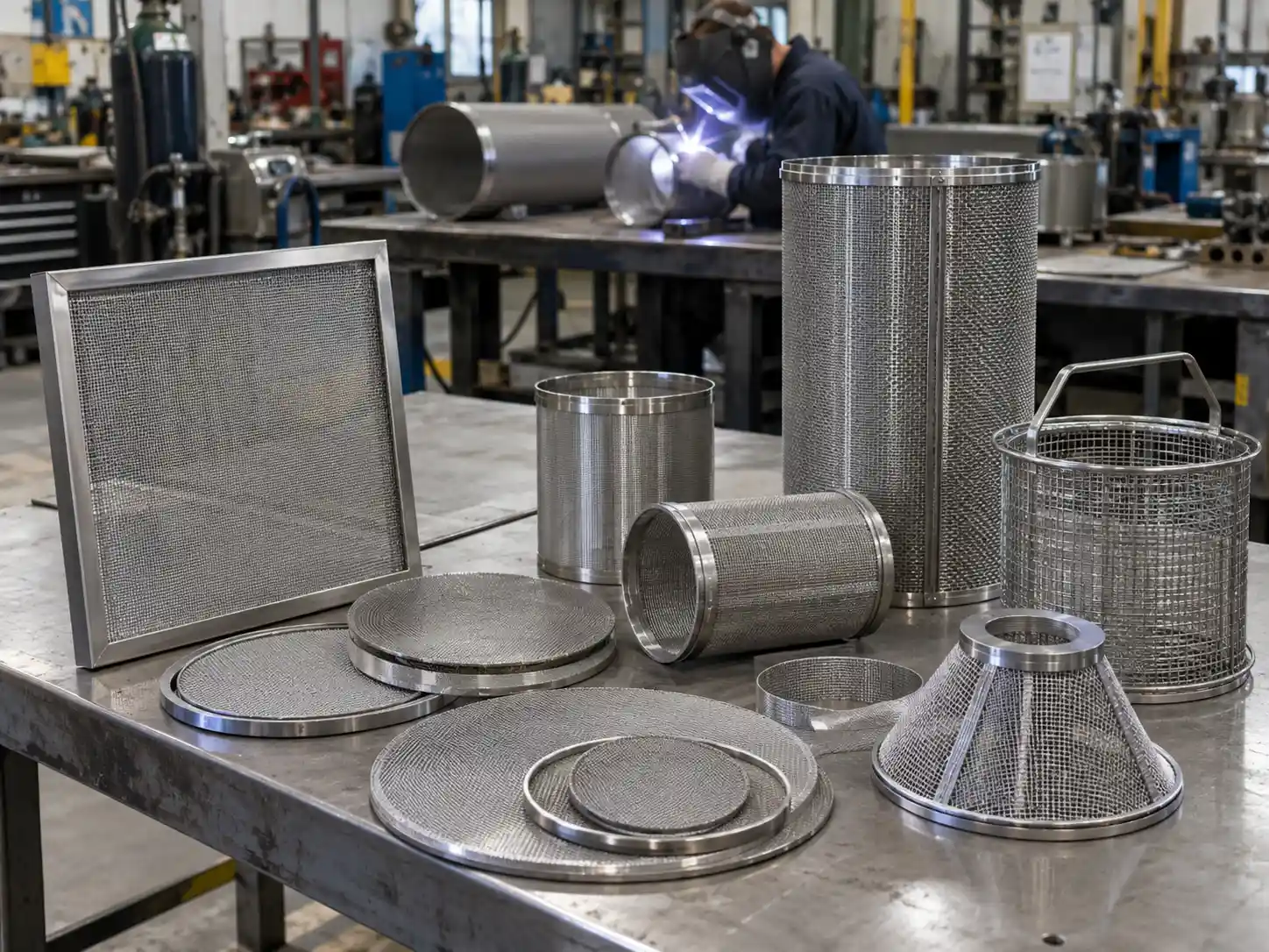 Custom Filter Wire Mesh Fabrication Custom wire mesh filter discs, cylinders, screens, baskets and conical components being fabricated and welded in a metal workshop