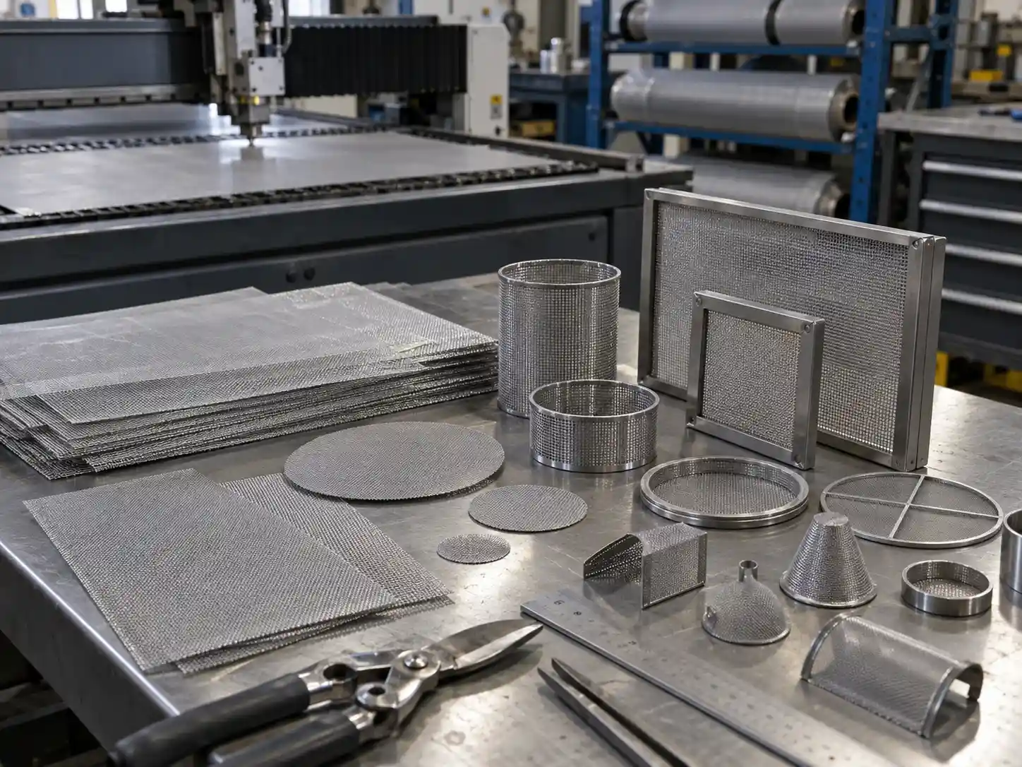Custom Fine Wire Mesh Fabrication Custom fine wire mesh filters, screens and fabricated components being produced and inspected in an industrial workshop