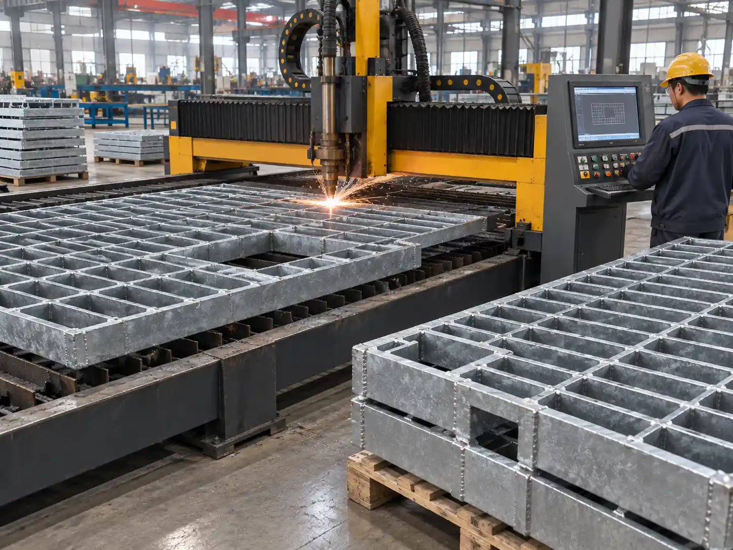 CNC machine cutting custom heavy-duty bar grating panels in a modern Chinese metal fabrication workshop