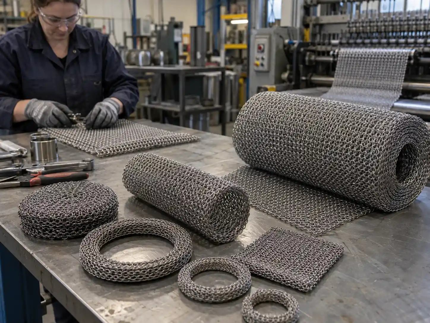 Custom Knitted Wire Mesh Fabrication Custom knitted wire mesh rolls, pads, rings and cylindrical components being fabricated and inspected in a metal workshop