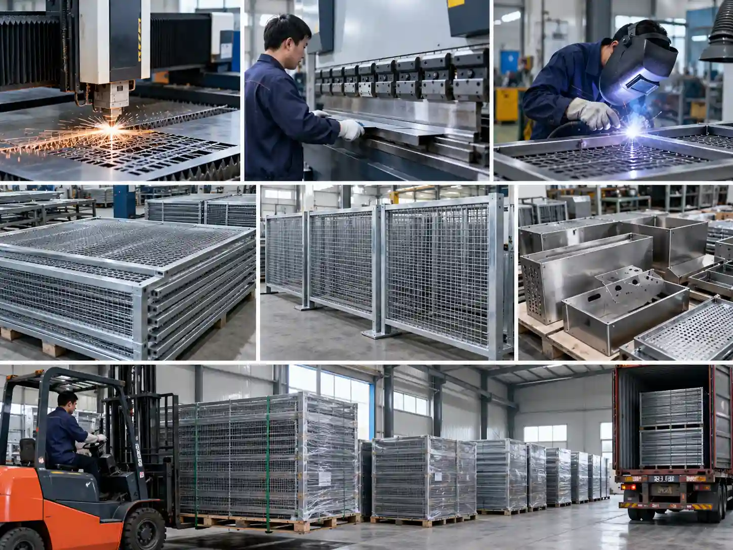 Metal cutting, bending, welding, fabrication, packing, and finished metal components in a manufacturing factory
