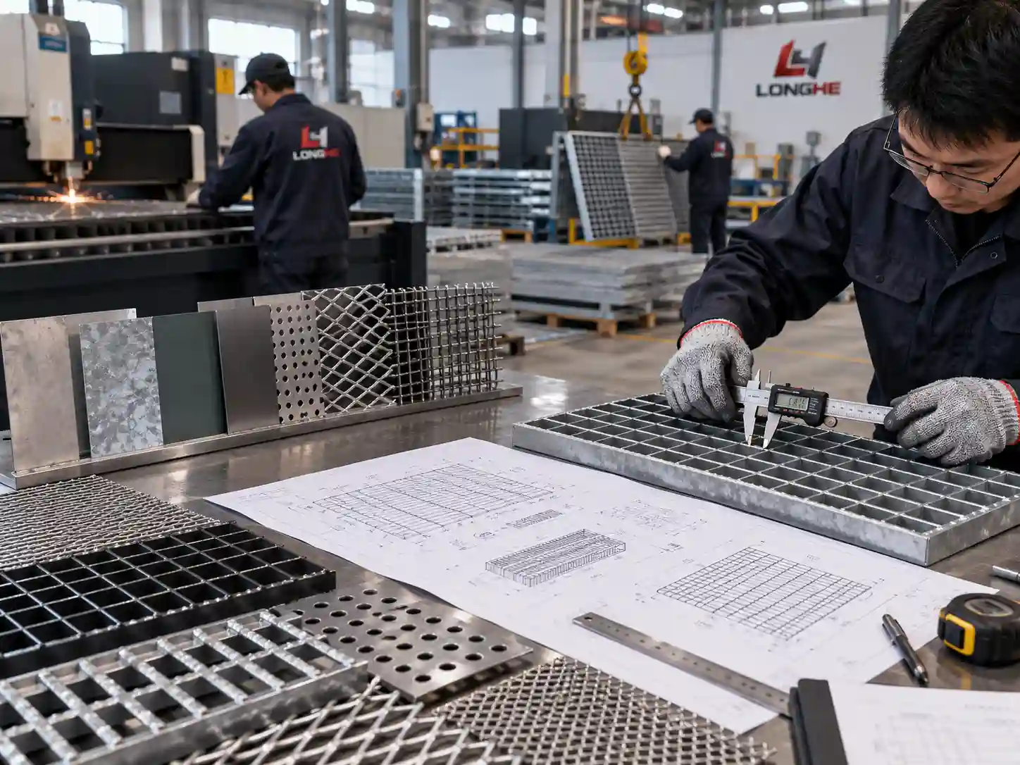 Engineer inspecting and measuring custom metal grating and mesh products in a factory workshop