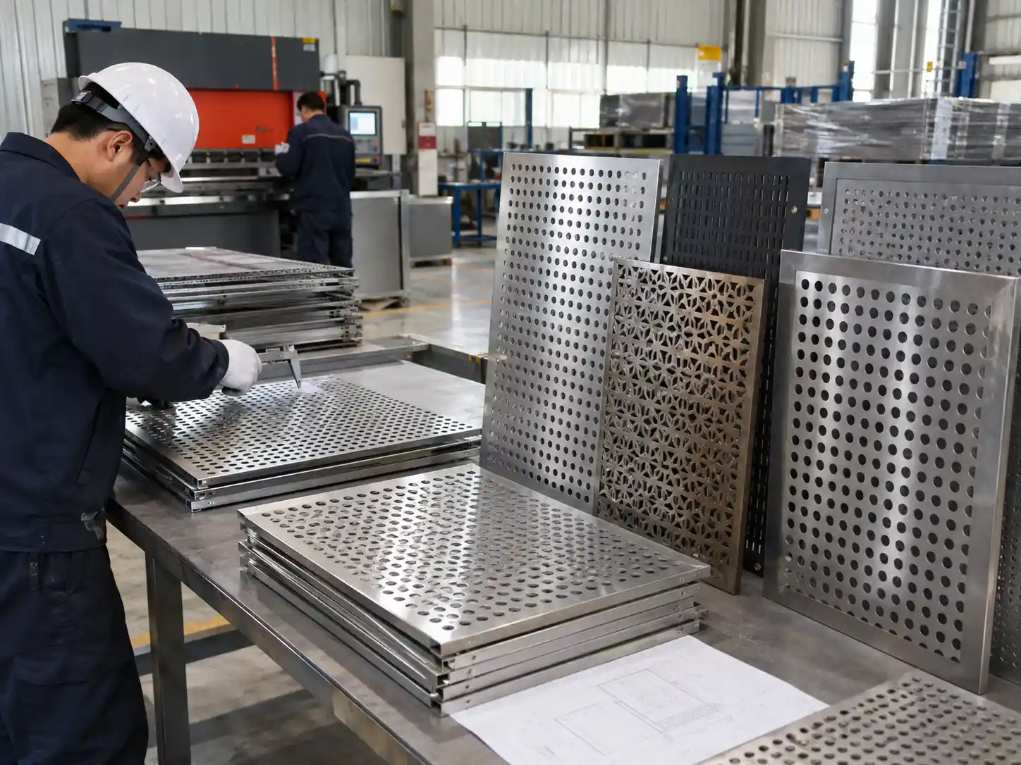 Custom Perforated Metal Panel Manufacturing Finished perforated metal panels being inspected for dimensions, hole patterns and fabrication quality in a workshop
