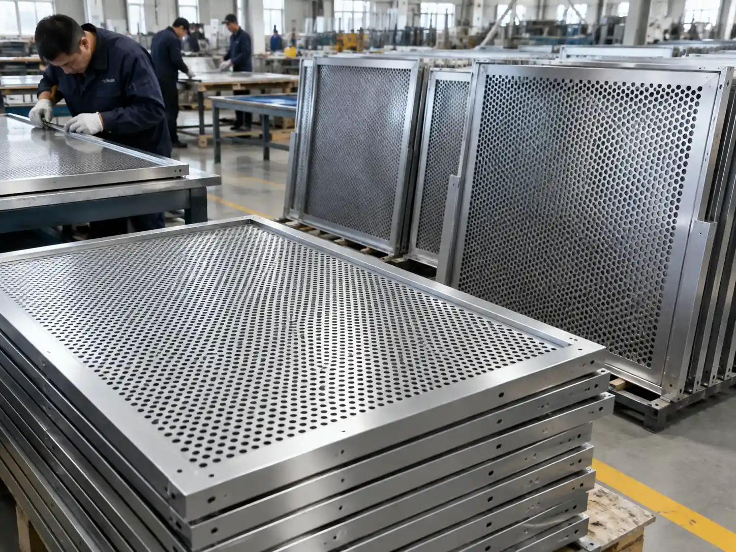 Custom perforated metal screen panels being inspected and prepared in a metal fabrication workshop before shipment