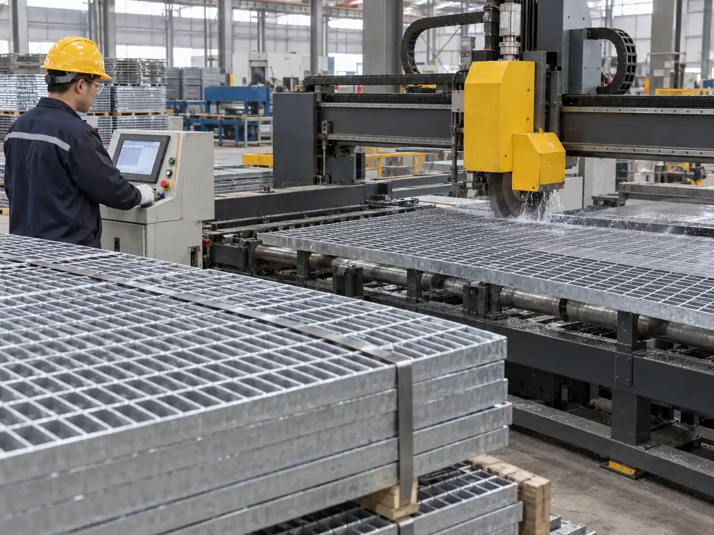 CNC machine cutting custom press-locked bar grating panels in a modern metal fabrication workshop