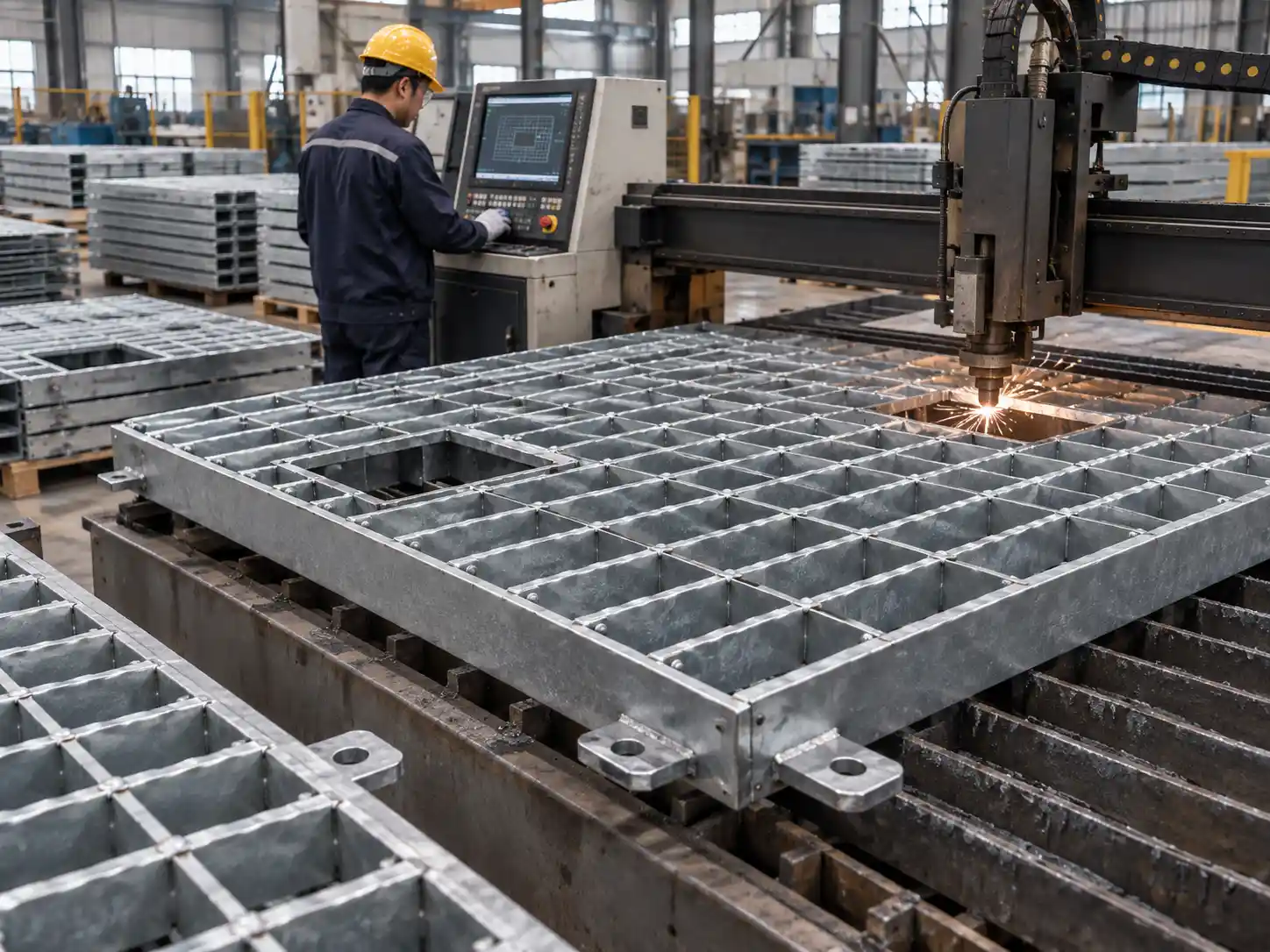 Custom Riveted Bar Grating Fabrication CNC machine cutting custom riveted bar grating panels in a modern Chinese metal fabrication workshop