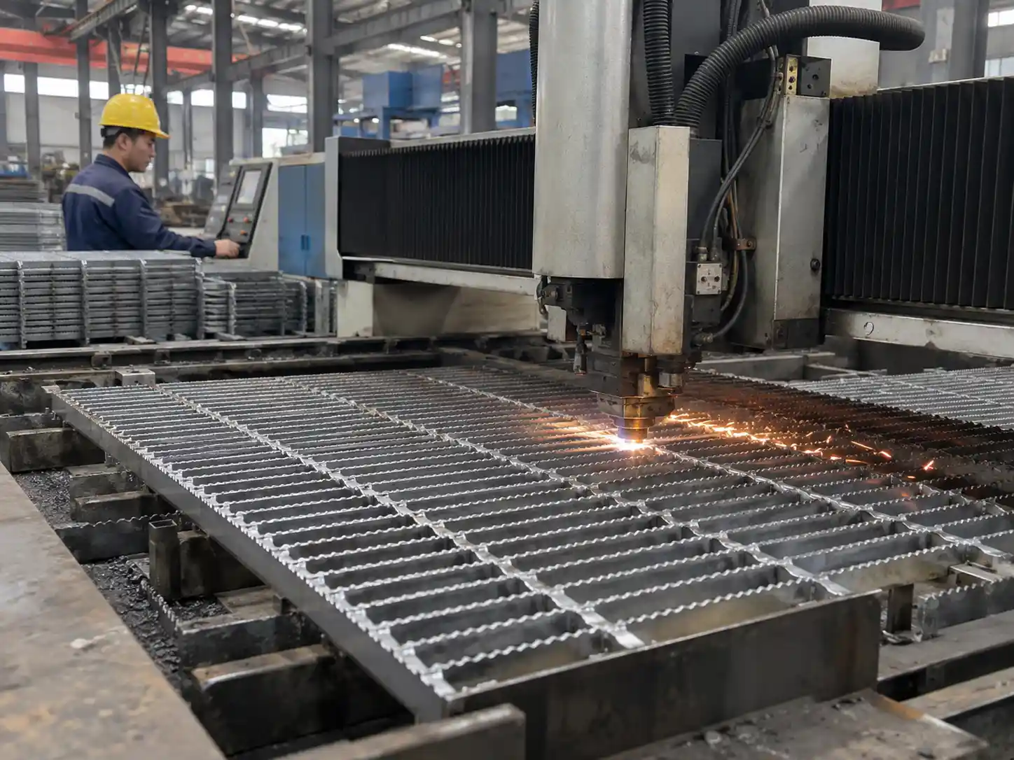 Custom Serrated Bar Grating Fabrication CNC machine cutting custom serrated bar grating panels in a modern Chinese metal fabrication workshop