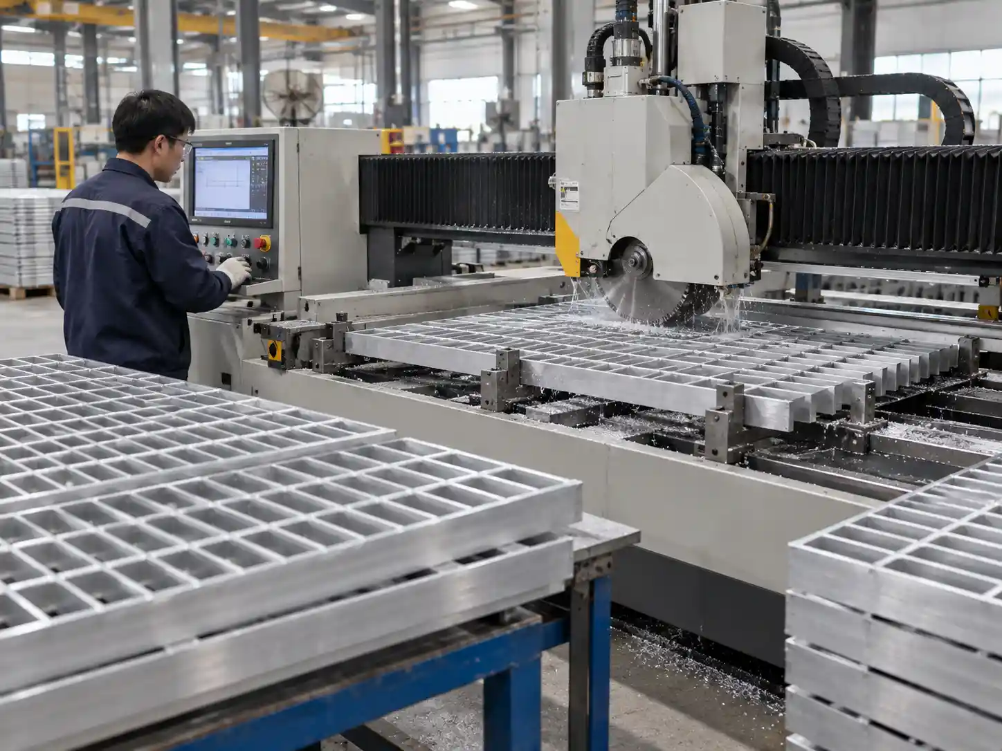 CNC machine cutting custom aluminum swage-locked bar grating panels in a modern Chinese metal fabrication workshop