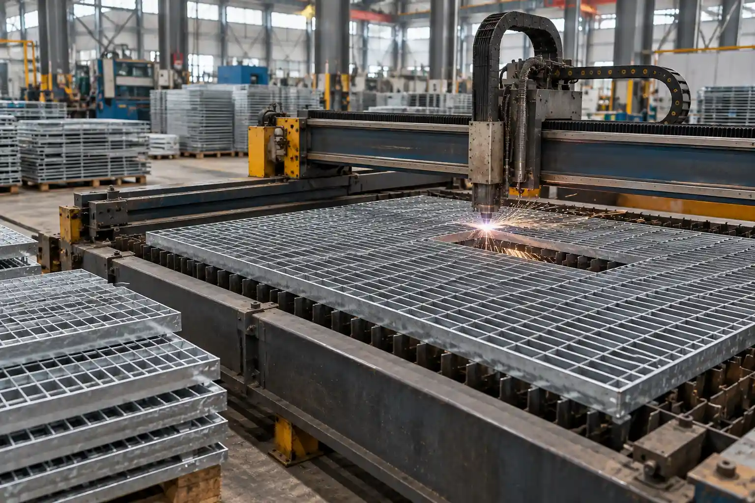 Custom Welded Bar Grating Fabrication CNC machine cutting a custom welded bar grating panel with precise openings in a modern metal fabrication workshop