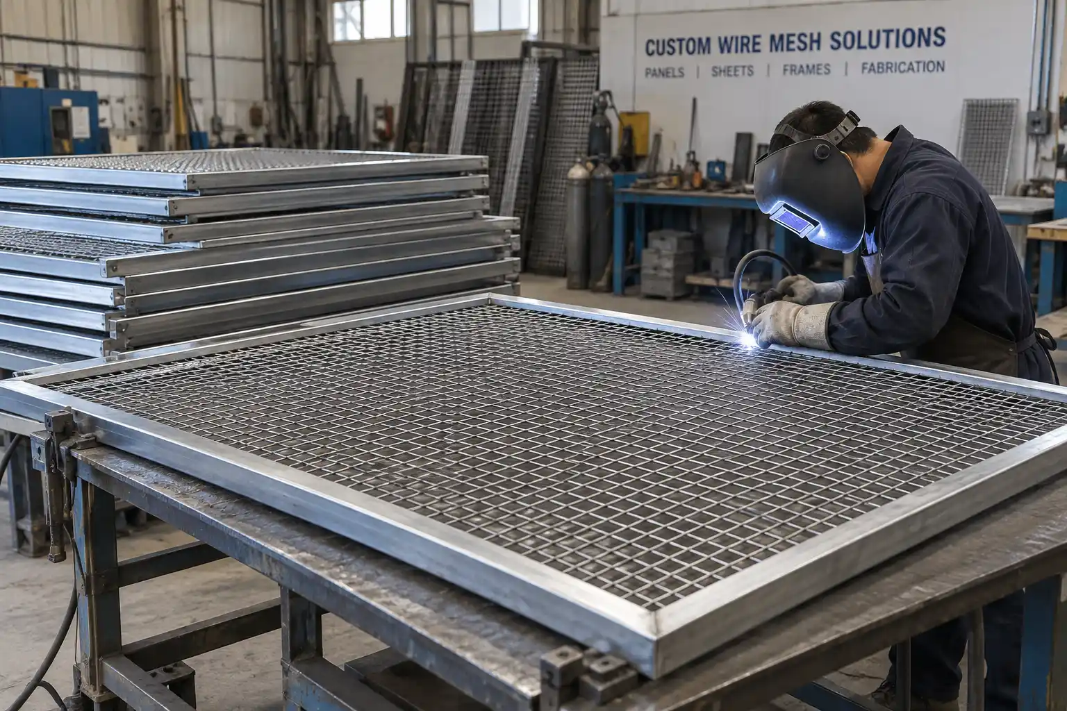 Custom wire mesh panel being welded into a fabricated metal frame in an industrial workshop