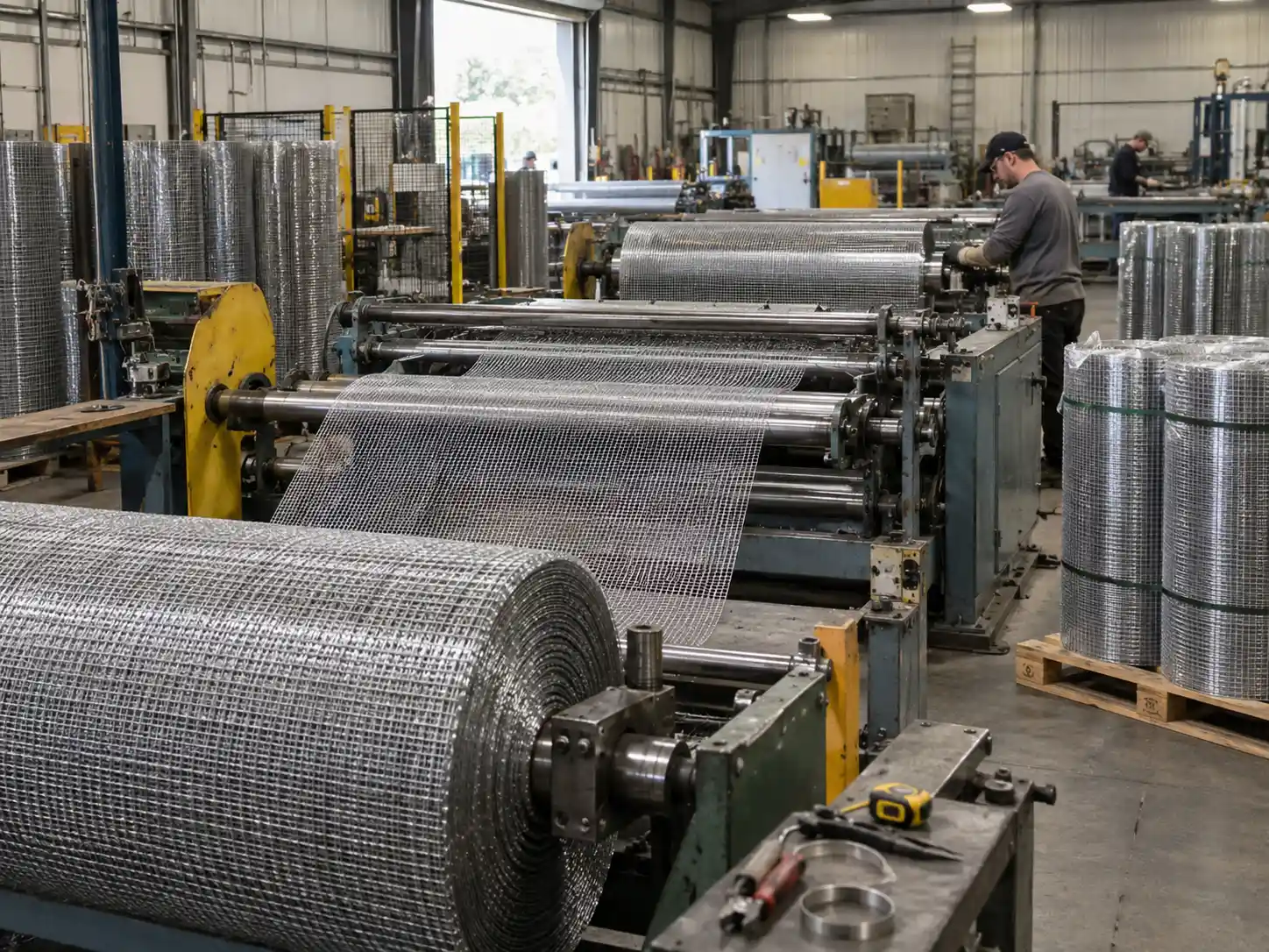 Custom Wire Mesh Roll Processing Industrial wire mesh roll being processed, slit and rewound on production machinery in a fabrication workshop