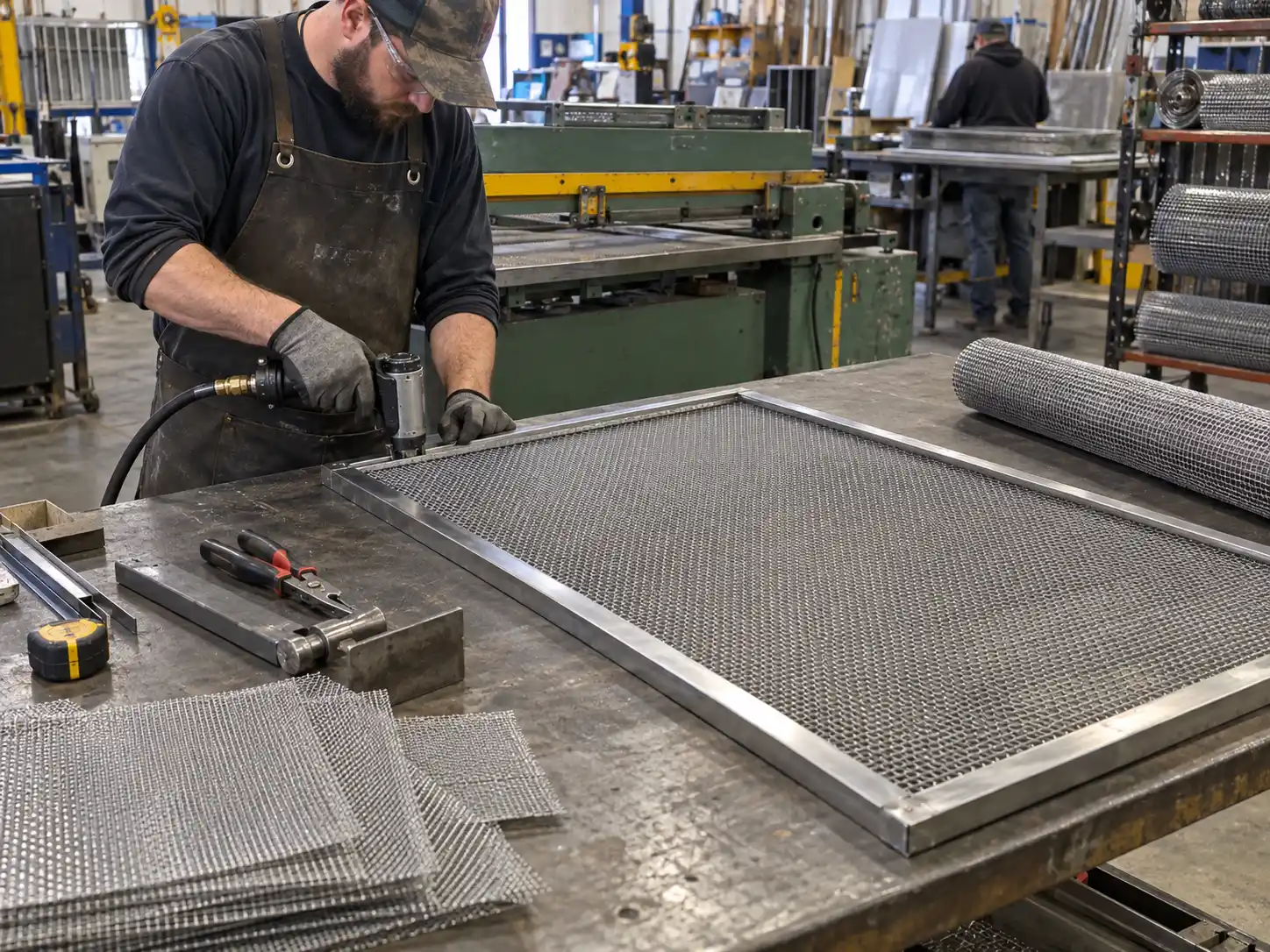 Custom Wire Mesh Screen Fabrication Custom wire mesh screen being cut, framed and assembled in a metal fabrication workshop