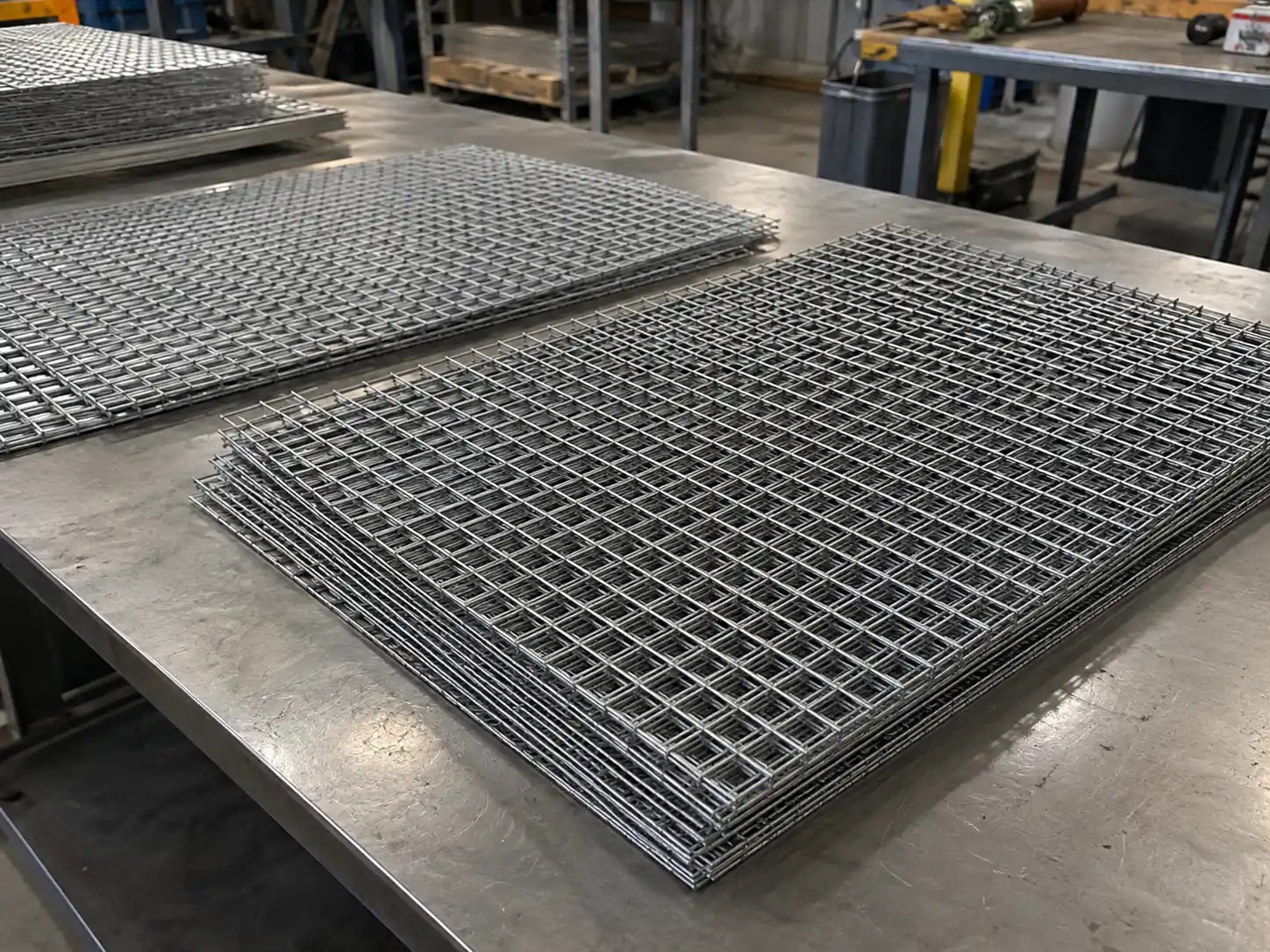Cut-to-size wire mesh sheets stacked on a metal fabrication workbench for further processing