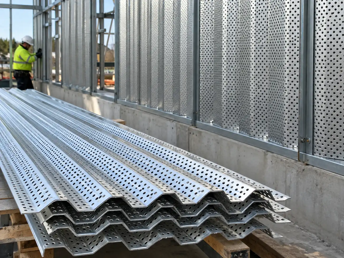 Efficient Panel Design Corrugated Perforated Metal Corrugated perforated metal panels at a construction site showing a lightweight profiled design with improved stiffness