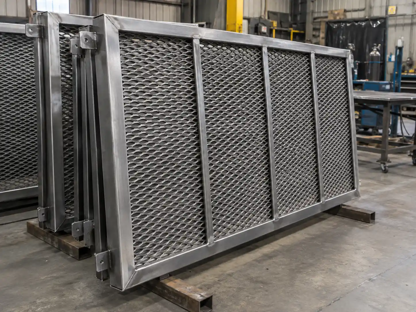 Expanded Metal Framing and Reinforcement Expanded metal panels assembled with welded steel frames and reinforcement for installation