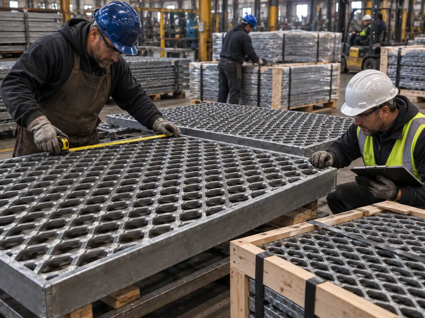 Expanded Metal Grating Quality Control Workers inspecting expanded metal grating dimensions, fabrication quality and export packing