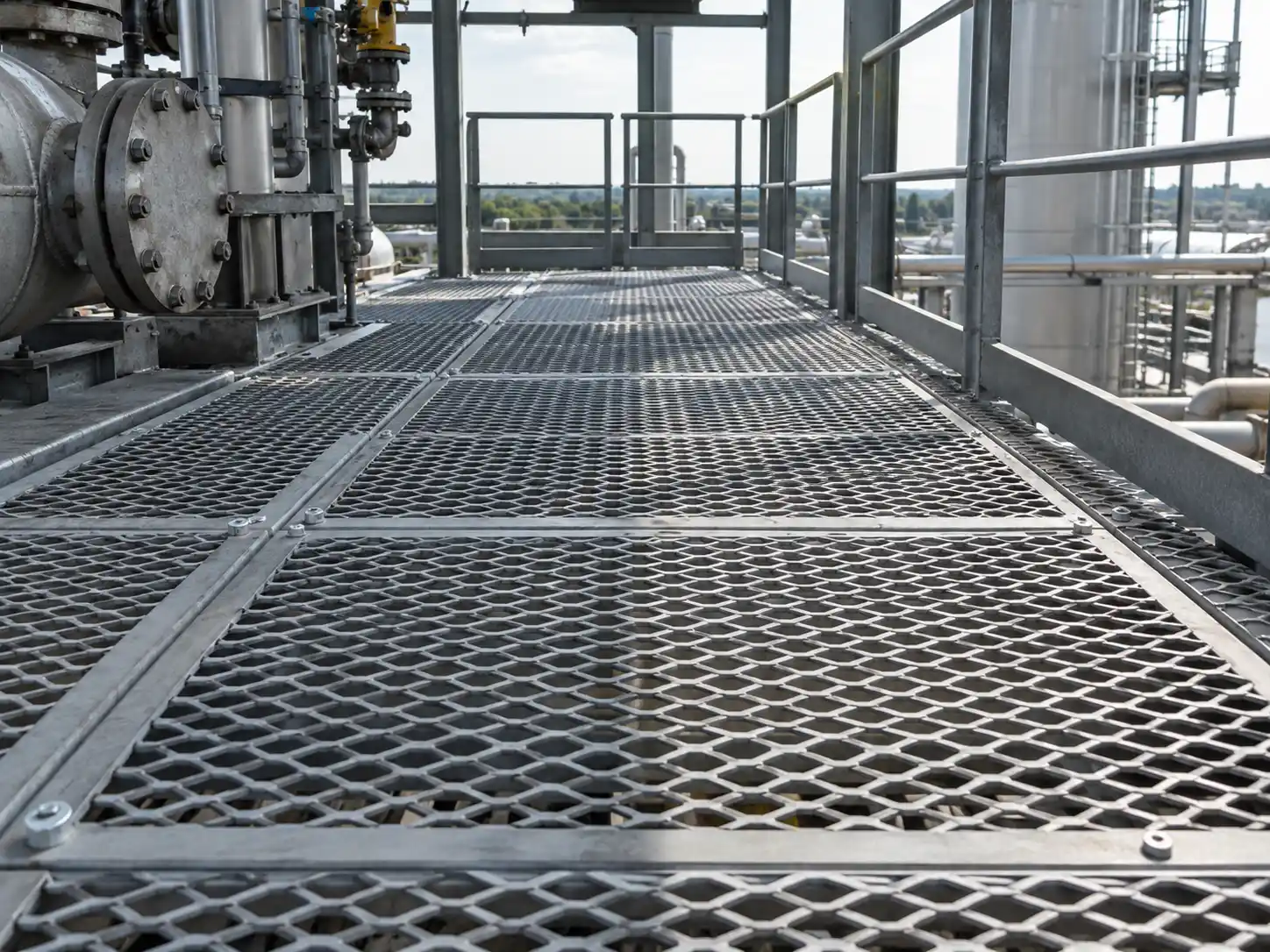 Expanded Metal Grating Expanded metal grating installed as industrial walkway flooring for access and platform applications