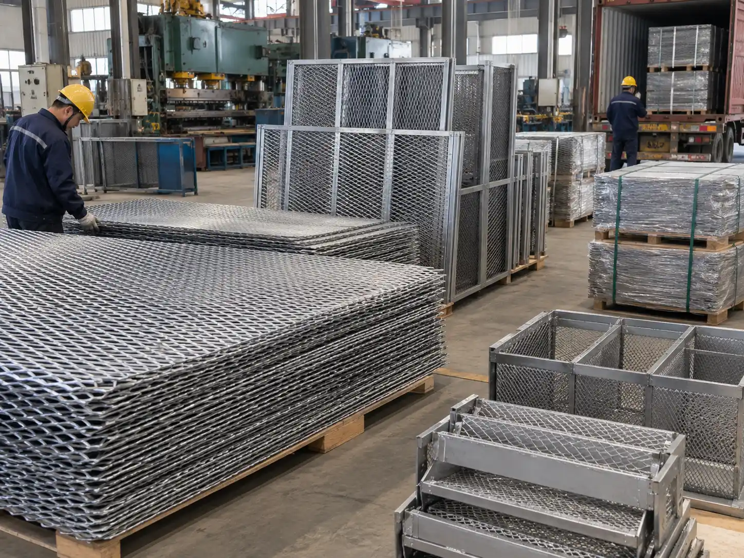 Expanded Metal Manufacturing and Export Supply Expanded metal sheet being bent by an industrial press brake into a custom formed component