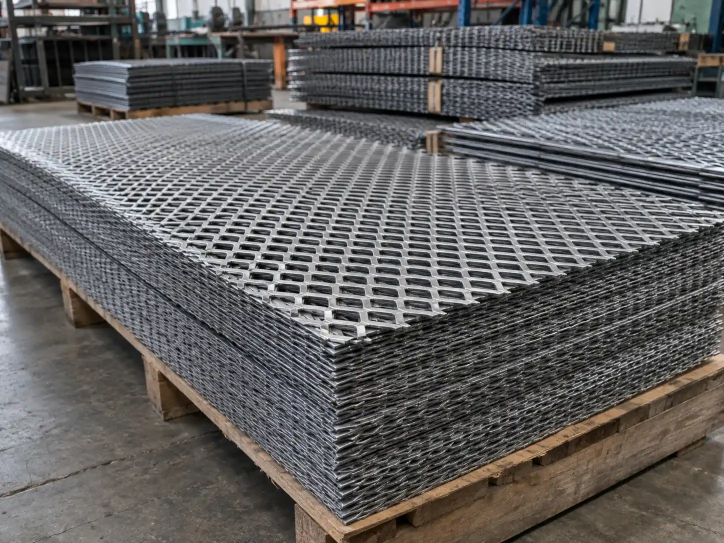 Expanded Metal Sheet Expanded metal sheets stacked on pallets for industrial fabrication and custom processing