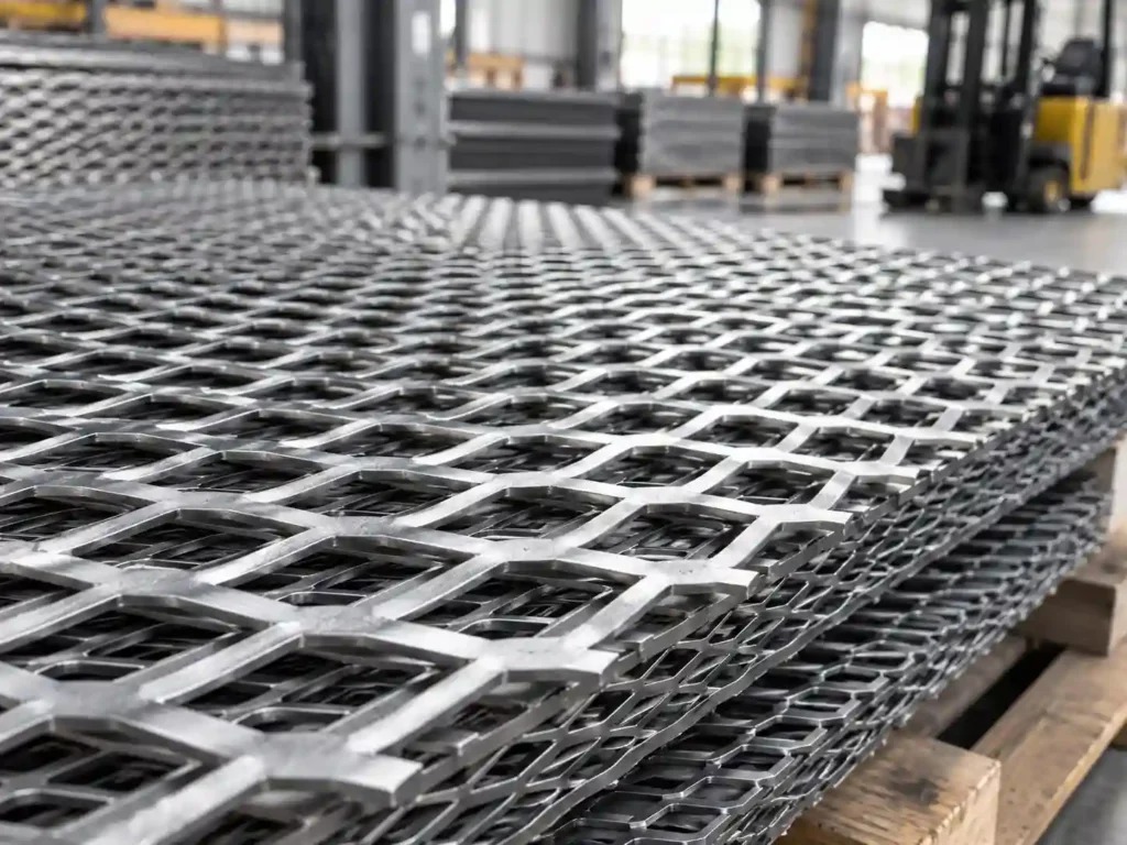 Stacked expanded metal sheets in a warehouse ready for industrial and architectural applications