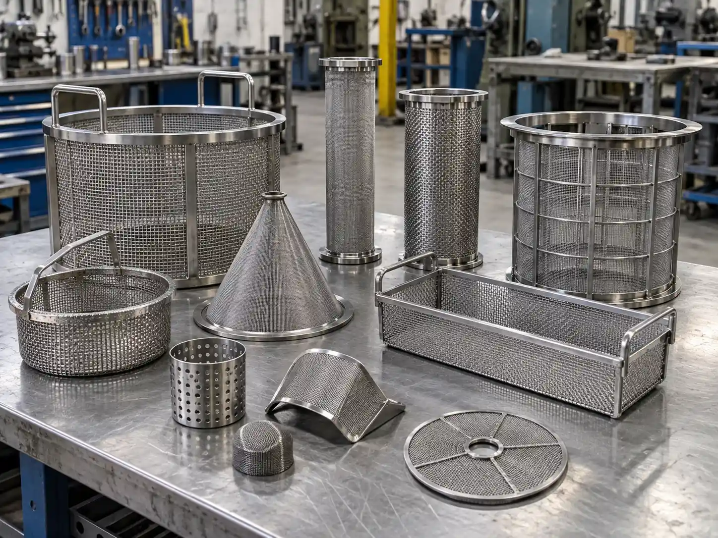 Filter Baskets and Custom Components Custom stainless steel filter baskets, strainers and fabricated wire mesh components displayed in a metal workshop