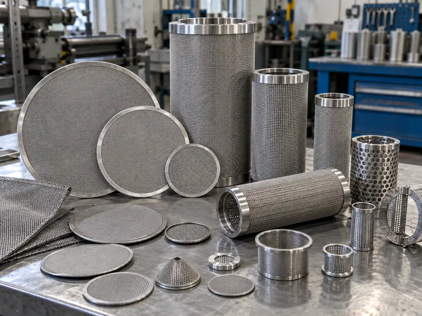 Filter Wire Mesh Custom wire mesh filter discs, cylinders and fabricated filtration components displayed in an industrial workshop