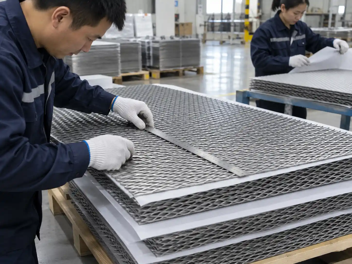 Flattened Expanded Metal Quality Control Flattened expanded metal panels being inspected for flatness, dimensions and mesh consistency