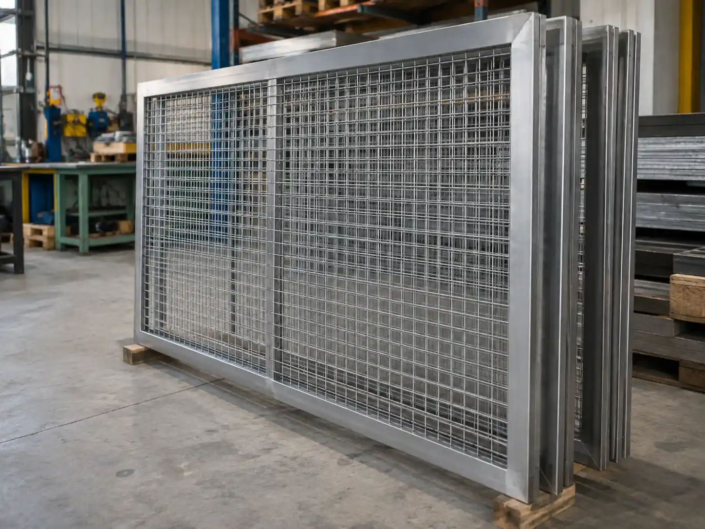 Custom wire mesh panels installed in fabricated metal perimeter frames for industrial applications
