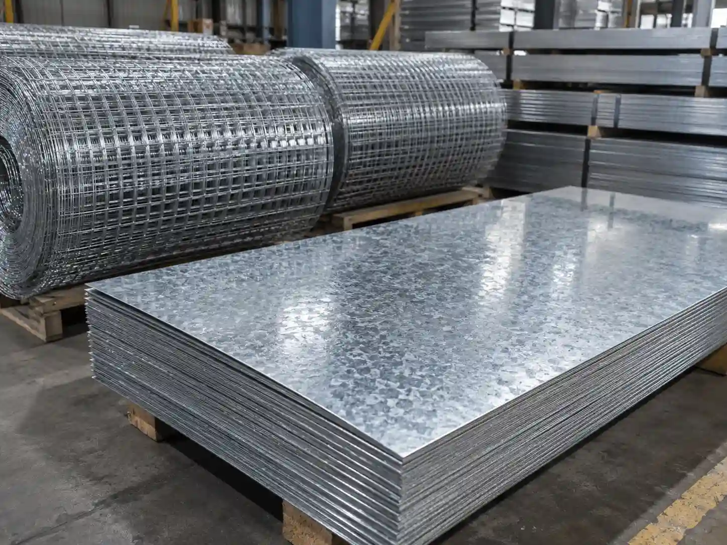 Galvanized steel sheets and wire mesh with zinc-coated finish stored in an industrial warehouse